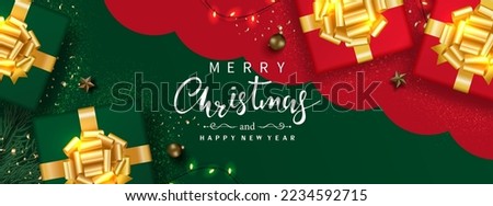 Gift box, Christmas ball, confetti, and sparkling light on Green and Red background for Christmas and New year banner festive. Top view. Vector illustration.