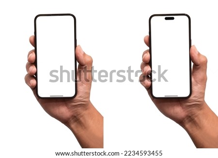 Hand holding the black smartphone phone with blank screen and modern frameless design, hold Mobile phone on transparent background 
