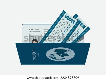 Air ticket template is inserted into and placed on the profile page of the blue passport book,vector 3d isolated on white background for international travel concept design