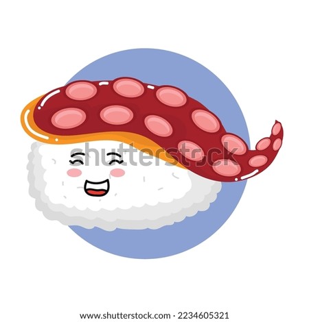 Emoji happy sushi in sunglasses icons. Sashimil whith shrimp funny stickers. Food, cartoon style. Sushi isolated on white background