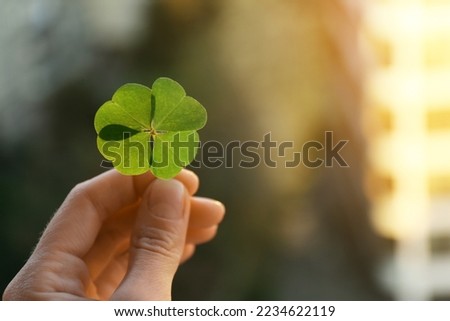 Woman holding beautiful green four leaf clover on blurred background, closeup. Space for text