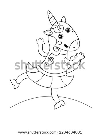 Cute unicorn girl in skirt. Black and white outline. Vector illustration. Icon on isolated background for design. 