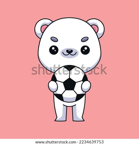 cute polar bear holding soccer ball cartoon mascot doodle art hand drawn concept vector kawaii icon illustration