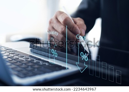 Cost and quality control, business strategy and project management concept. Businessman working on digital tablet with quality control growth graph and cost reduction, effective business Royalty-Free Stock Photo #2234643967