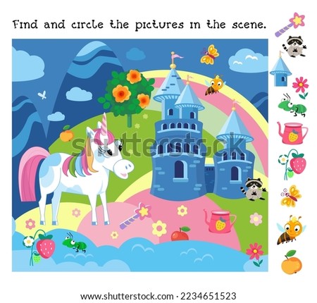 Find and circle the objects. Cute unicorn and landscape with castle and towers. Fairyland. Educational puzzle for children. Cartoon character vector illustration. Royalty-Free Stock Photo #2234651523