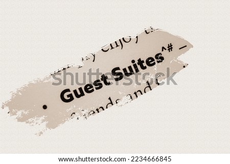Guest Suites in English vocabulary language words phrase with bullet point all in sepia