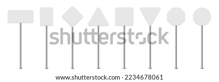Road signs of different shapes on metal poles vector illustration. 3d realistic blank traffic boards for highway, isolated empty attention roadside signposts to notice information, danger, guide