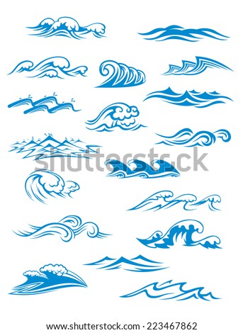 Ocean or sea waves, surf and splashes set curling and breaking in a pretty turquoise blue for marine and nautical themed concepts, vector illustration on white