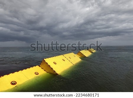 MOSE System in Venice, Italy at the sunset for defense against high waters. Barrier against the high water in the defense of Venice Lagoon. New generation of industrial flood prevention system. Royalty-Free Stock Photo #2234680171