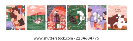 Postcards templates set for Saint Valentine's day. Romantic cards designs with love couples, cute sweet cats, lovers. Vertical backgrounds for St. 14 February holiday. Flat vector illustrations Royalty-Free Stock Photo #2234684775