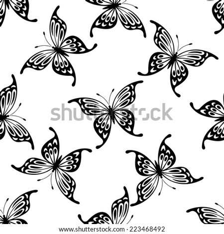 Flying butterflies seamless background pattern with black and white vector icons of randomly scattered butterflies with open wings in square format for wallpaper or fabric