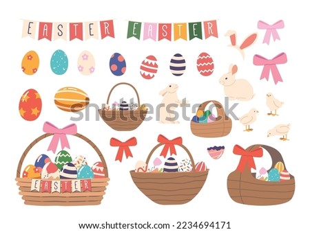 Set of Easter Items and Gifts. Rabbit Ears Headband, Bunny Animals, Flag Garland, Decorated Eggs and Basket with Colored Eggs Isolated on White Background. Cartoon Vector Illustration, Icons, Clip Art