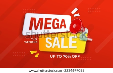 Mega sale banner promotion template with 3D megaphone on red background. Special deal label design