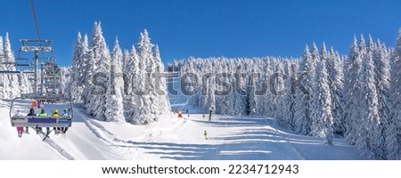 Panorama of ski resort, slope, people on the ski lift, skiers on the piste among white snow pine trees Royalty-Free Stock Photo #2234712943