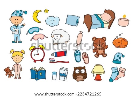 kids drawing Vector illustration set of sleep time,bed time icon in doodle style Royalty-Free Stock Photo #2234721265