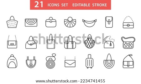 Fashion woman bags icons set. Different pictogram sign. Editable stroke logo design. Shopper, backpack, clutch bag types doodle icon collection. Store application isolated element. Vector illustration