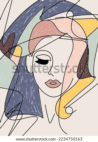 Abstract portrait of a female face with color graphics for wall decoration. Face line art. Vector illustration for cosmetics, beauty salon. Poster, postcard, tee print, wall art, web.