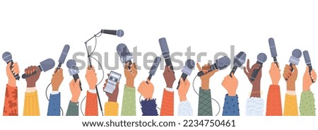 Hands of journalists with microphones flat icons set. Different variations of recording device. Dictaphone, tv show microphones, microphone stand. Studio equipments. Color isolated illustrations