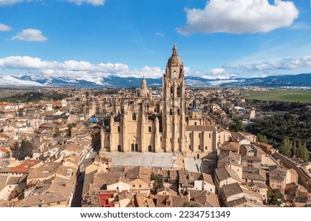 Aerial view of Segovia Cathedral, famous tourist attraction in Castile and Leon, Spain. High quality photo