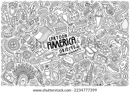 Cartoon vector doodle set of American traditional symbols, items and objects