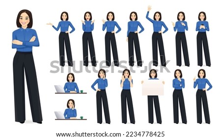 Elegant asian beautiful business woman in different poses set. Various gestures female character standing and sitting at the desk isolated vector illustration Royalty-Free Stock Photo #2234778425