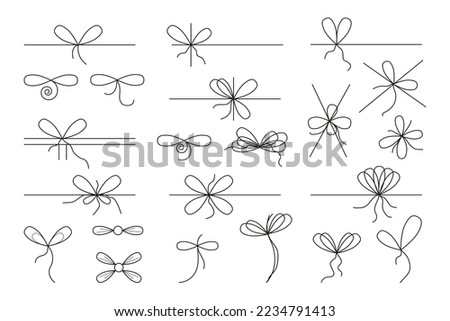 Hand drawn line ribbon bow set. Bows knots types for gift present packaging in sketch doodle style. Outline simple vector illustration isolated on white background