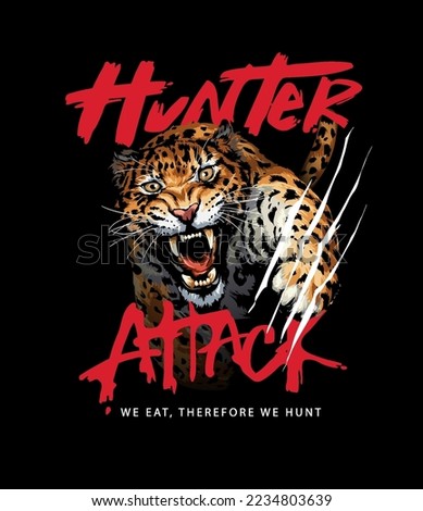 hunter attack calligraphy slogan with angry leopard clawing on black background vector ilustration