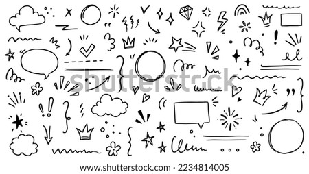 Sketch underline, emphasis, arrow shape set. Hand drawn brush stroke, highlight, speech bubble, underline, sparkle element. Vector illustration. Royalty-Free Stock Photo #2234814005