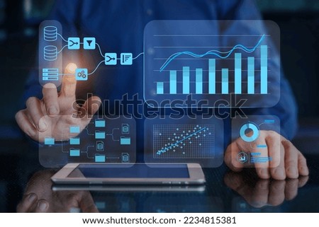 Business analytics and data management system. Data analyst creating insight dashboard with information process workflow. KPI report with metrics connected to database. Finance, operations, marketing.