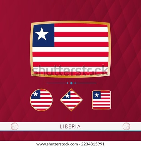 Set of Liberia flags with gold frame for use at sporting events on a burgundy abstract background. Vector collection of flags.
