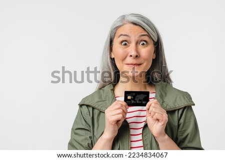 Closeup cropped dreamy thoughtful caucasian mature middle-aged woman client customer grandmother dreaming immagines online shopping, buying goods, mortgage loan, e-commerce, pension in white