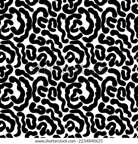 Brush drawn curved lines seamless pattern. Memphis style hand drawn background. Biological grunge squiggle lines, structure of natural cells. Chaotic vector black and white decorative texture.