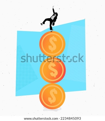 Young business woman balancing on drawn dollar coins over light abstract background. Contemporary art collage. Earnings, deposits, investment and stock exchange. Minimalism, surrealism