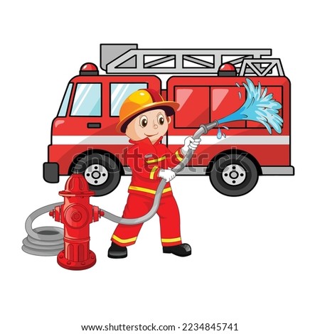 Cute cartoon fireman vector illustration. Firefighter, fireman directs the water flow of water towards the fire. Firefighter  putting out fire on street. Firefighters with  fire truck extinguish fire.