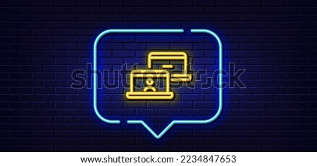 Neon light speech bubble. Outsource work line icon. Job at home sign. Remote office employee symbol. Neon light background. Outsource work glow line. Brick wall banner. Vector