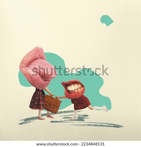 Contemporary art collage. Creative design. Two little girls, children with mouth heads pulling over retro suitcase. Playful kids. Jokes. Concept of surrealism, artwork, fun, imagination, creativity