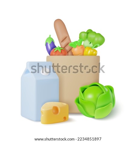 3d Bag of Healthy Food Concept Plasticine Cartoon Style Include of Bread, Milk and Vegetables. Vector illustration Royalty-Free Stock Photo #2234851897