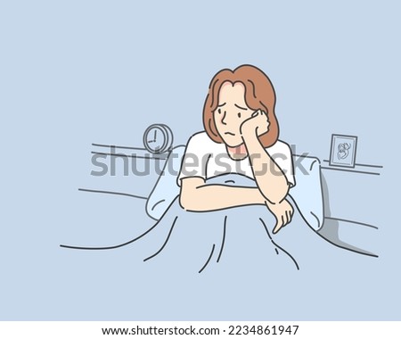 Woman sitting on bed in the bedroom with thinking or depressed feeling, Healthy and medical concept, Vector illutration Royalty-Free Stock Photo #2234861947