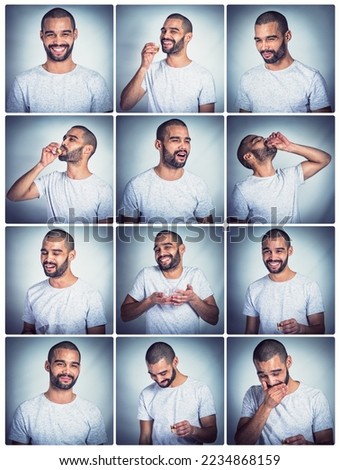 Collage, drunk man and drinking alcohol at party for new years, birthday or Christmas celebration with funny photobooth portrait. Funny male with shots drink in comic gradient background booth