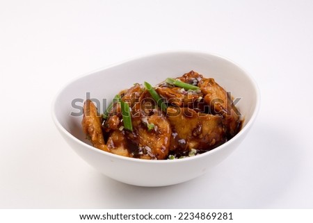 Manchurian sauce, (Chicken, beef, prawns, fish  ex...) Chinese cuisine pictures, isolated on white background.