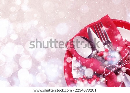 Beautiful Christmas table setting on light background, top view