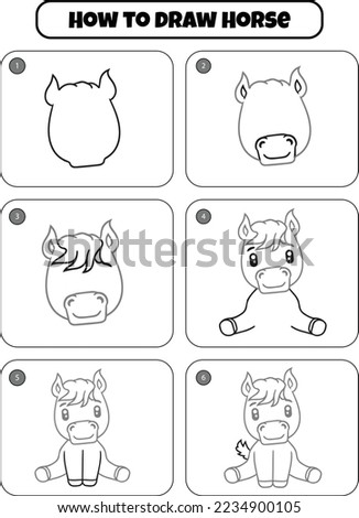 How to draw Horse step-by-step drawing page for kids. Animal Step by step drawing page