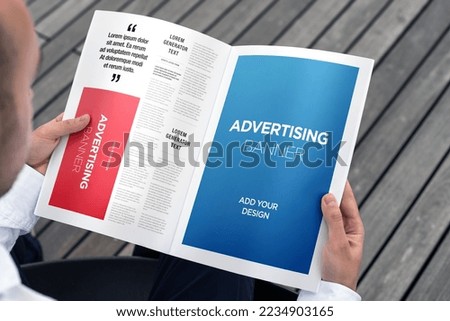 Advertising Banner on Magazine, Brochure Mockup With Hands Royalty-Free Stock Photo #2234903165