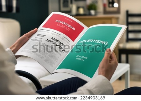 Advertising Banner on Magazine, Brochure Mockup With Hands Royalty-Free Stock Photo #2234903169