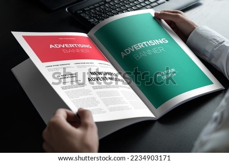 Advertising Banner on Magazine, Brochure Mockup With Hands Royalty-Free Stock Photo #2234903171