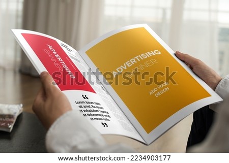 Advertising Banner on Magazine, Brochure Mockup With Hands Royalty-Free Stock Photo #2234903177