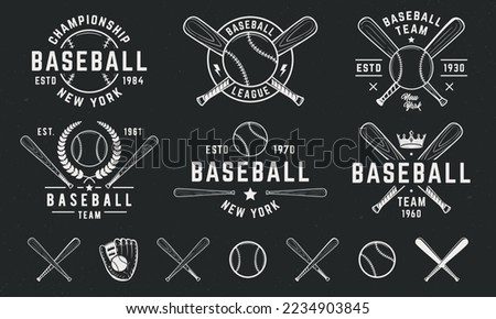 Vintage Baseball logo templates and 7 design elements for Baseball graphics. Baseball team, tournament, championship emblems templates. Baseball Bat, Ball, Glove icons.Vector illustration