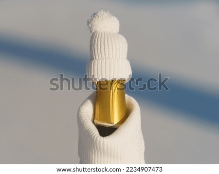 Photography of the champagne bottle formed as a human figure dressed in warm snow-white winter clothes. Snow as background. Sunny winter day outdoors. Concept of great holidays. 