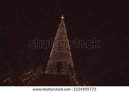 City Christmas tree decorated with garlands and observation deck at night