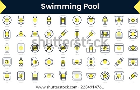 Set of thin line swimming pool Icons. Line art icon with Yellow shadow. Vector illustration